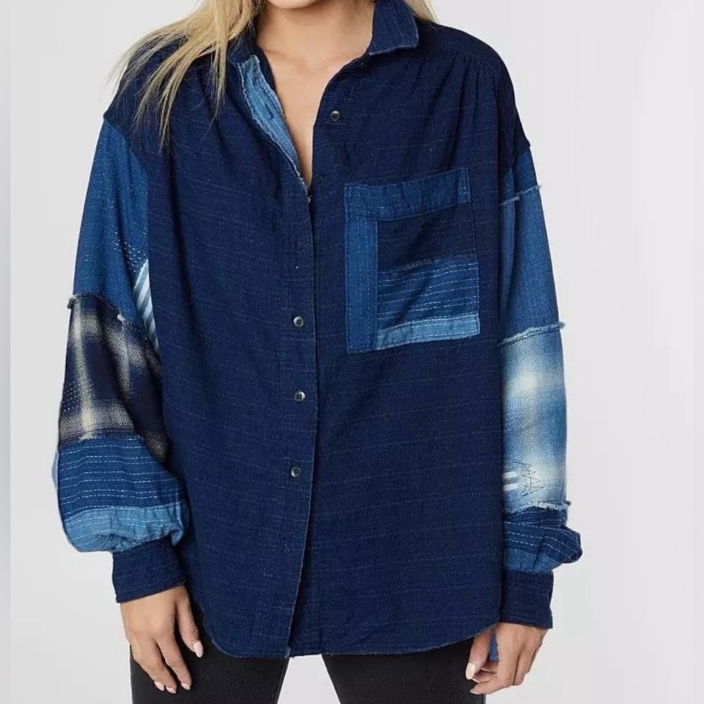 EUC We the Free Free People Indigo Sky Patch Denim High Low Button Down Top